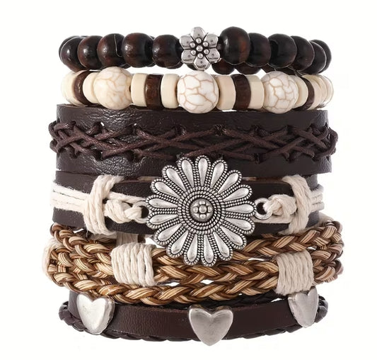 Wild & Free Boho Bracelet Set, Layered Leather & Beaded Bracelets