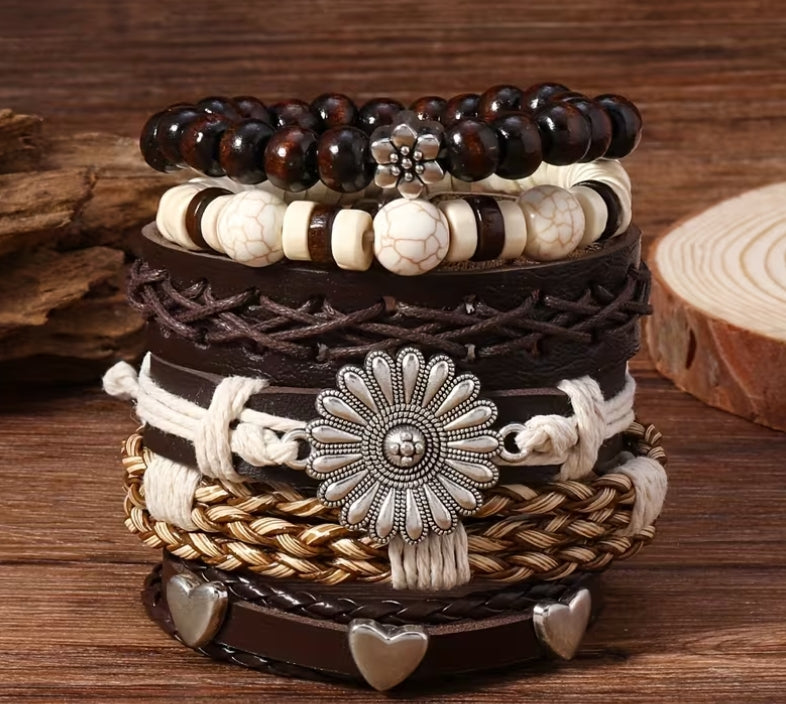 Wild & Free Boho Bracelet Set, Layered Leather & Beaded Bracelets