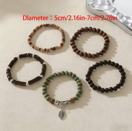 Wanderer Leaf Charm Bracelet Set, Earthy Boho Beaded Jewelry
