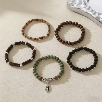 Wanderer Leaf Charm Bracelet Set, Earthy Boho Beaded Jewelry