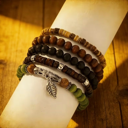 Wanderer Leaf Charm Bracelet Set, Earthy Boho Beaded Jewelry
