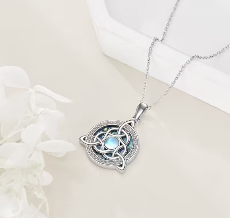 Celtic Triquetra Moonstone Necklace, Celestial Boho Pendant