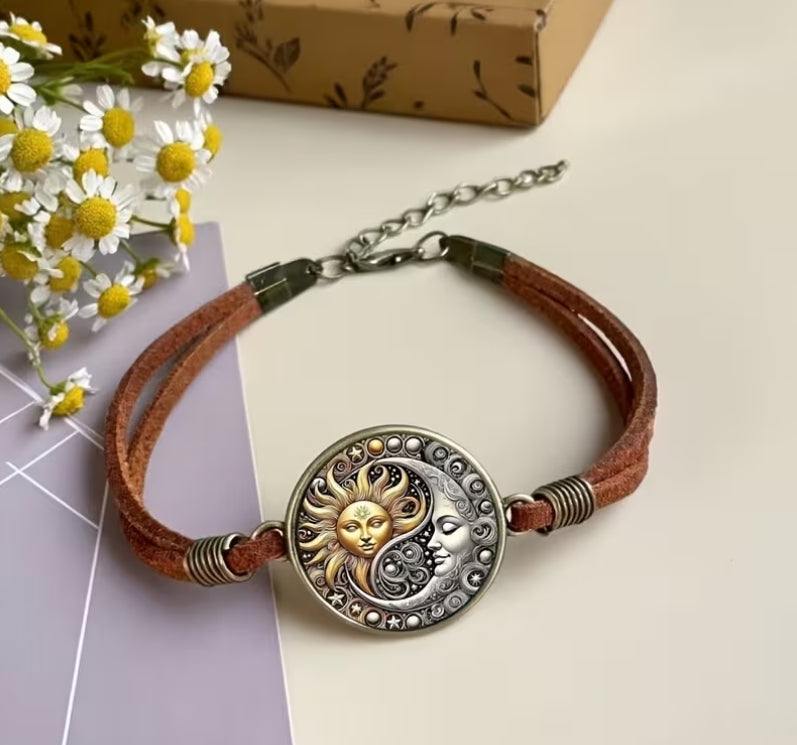 Sun & Moon Celestial Bracelet, Boho Leather Bracelet