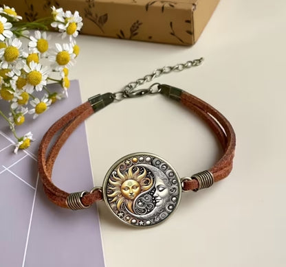 Sun & Moon Celestial Bracelet, Boho Leather Bracelet