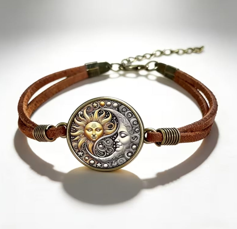 Sun & Moon Celestial Bracelet, Boho Leather Bracelet