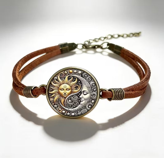 Sun & Moon Celestial Bracelet, Boho Leather Bracelet