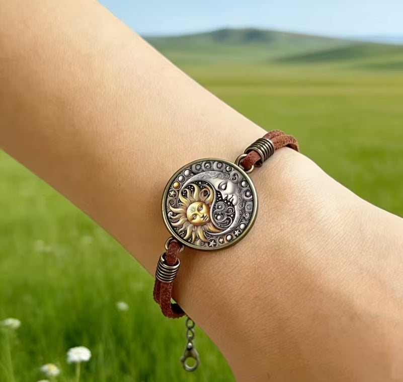 Sun & Moon Celestial Bracelet, Boho Leather Bracelet