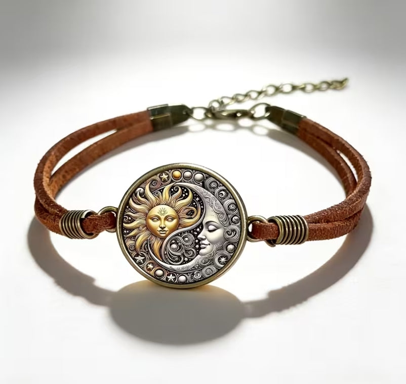 Celestial Sun, Moon & Stars Bracelet, Boho Leather Jewelry