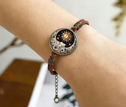 Celestial Sun, Moon & Stars Bracelet, Boho Leather Jewelry