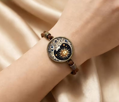 Celestial Sun, Moon & Stars Bracelet, Boho Leather Jewelry