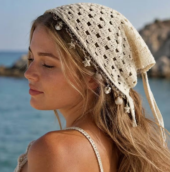 Boho Crochet Triangle Head Scarf with Shells, Summer Hair Wrap