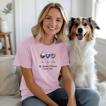 Pink t-shirt featuring a festive 'Sip, Sparkle, & Celebrate – Freedom Flight' design with three wine glasses: one red with sparkles, one blue with stars, and one decorated with the American flag. Perfect for 4th of July, patriotic events, summer parties, and wine lovers celebrating in style.