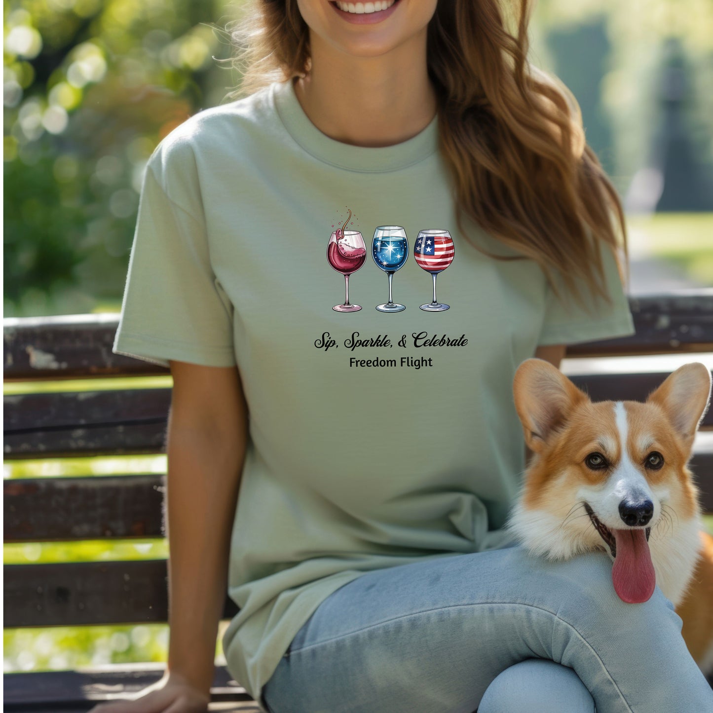 Sage t-shirt featuring a festive 'Sip, Sparkle, & Celebrate – Freedom Flight' design with three wine glasses: one red with sparkles, one blue with stars, and one decorated with the American flag. Perfect for 4th of July, patriotic events, summer parties, and wine lovers celebrating in style.