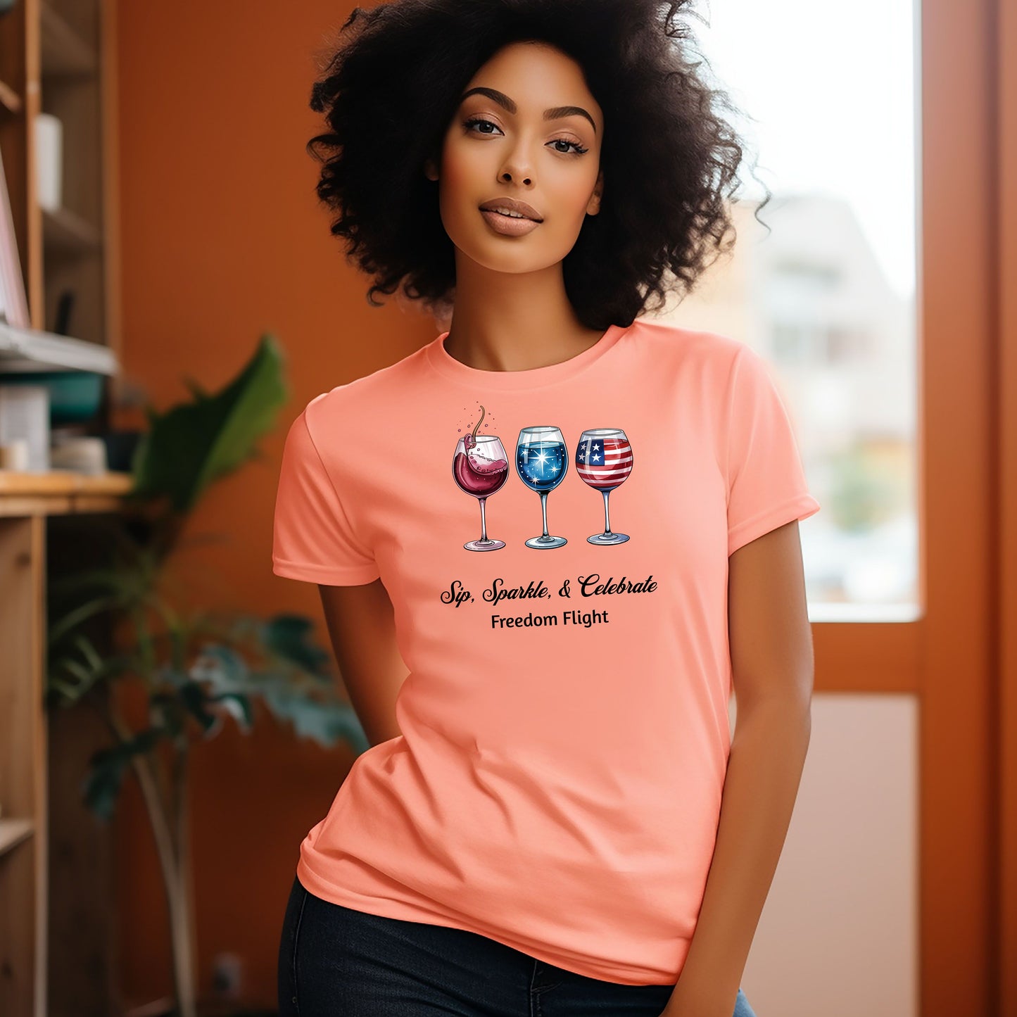 Sunset t-shirt featuring a festive 'Sip, Sparkle, & Celebrate – Freedom Flight' design with three wine glasses: one red with sparkles, one blue with stars, and one decorated with the American flag. Perfect for 4th of July, patriotic events, summer parties, and wine lovers celebrating in style.