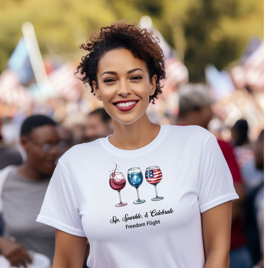 White t-shirt featuring a festive 'Sip, Sparkle, & Celebrate – Freedom Flight' design with three wine glasses: one red with sparkles, one blue with stars, and one decorated with the American flag. Perfect for 4th of July, patriotic events, summer parties, and wine lovers celebrating in style.