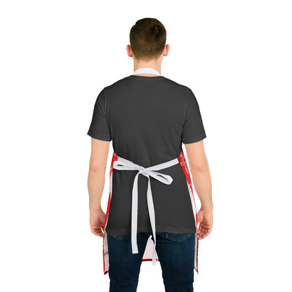Apron with a festive red background covered in white snowflakes, creating a cheerful winter and Christmas-inspired design for holiday cooking.