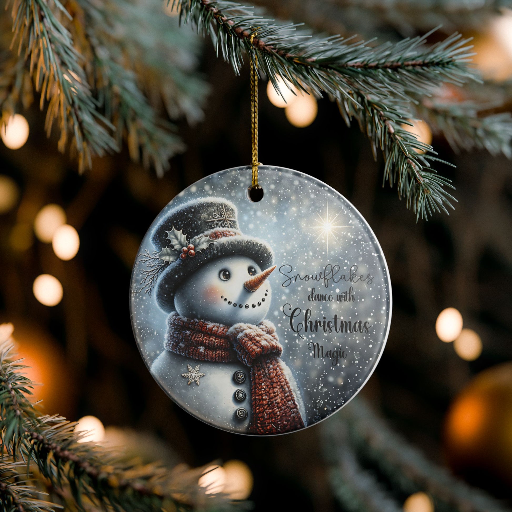 Christmas ornament with a snowman and magical snowflakes design hanging on a tree.