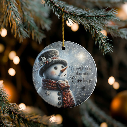 Christmas ornament with a snowman and magical snowflakes design hanging on a tree.
