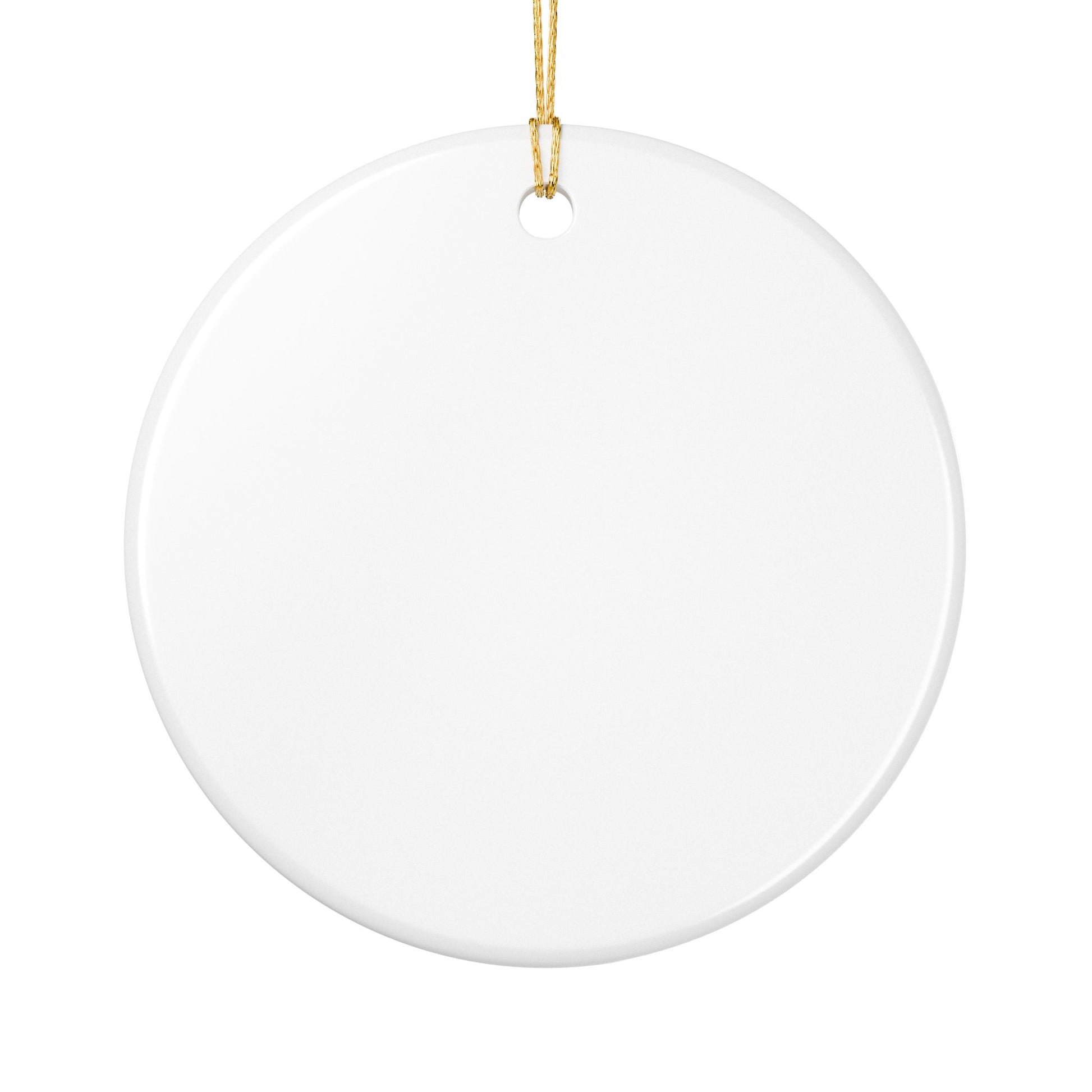 Back of white ceramic ornament with gold cord on a white background