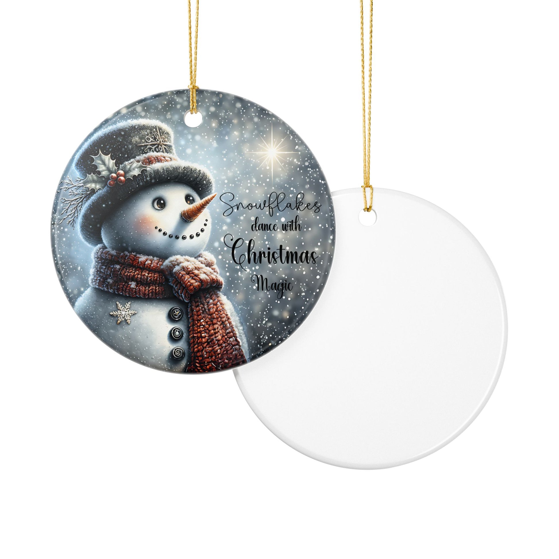 Christmas ceramic ornament with a snowman and snowflakes design and text on a white background, front and back