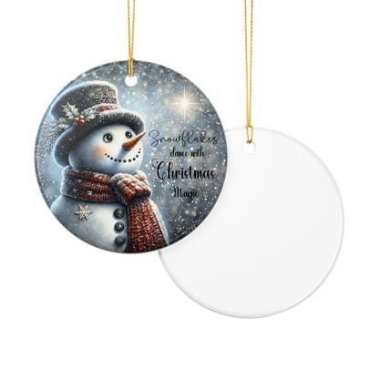 Christmas ceramic ornament with a snowman and snowflakes design and text on a white background, front and back