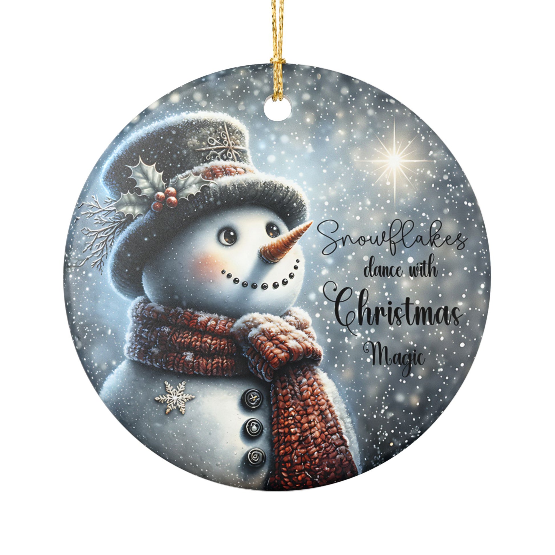 Round ceramic Christmas ornament with a snowman design and text on a white background
