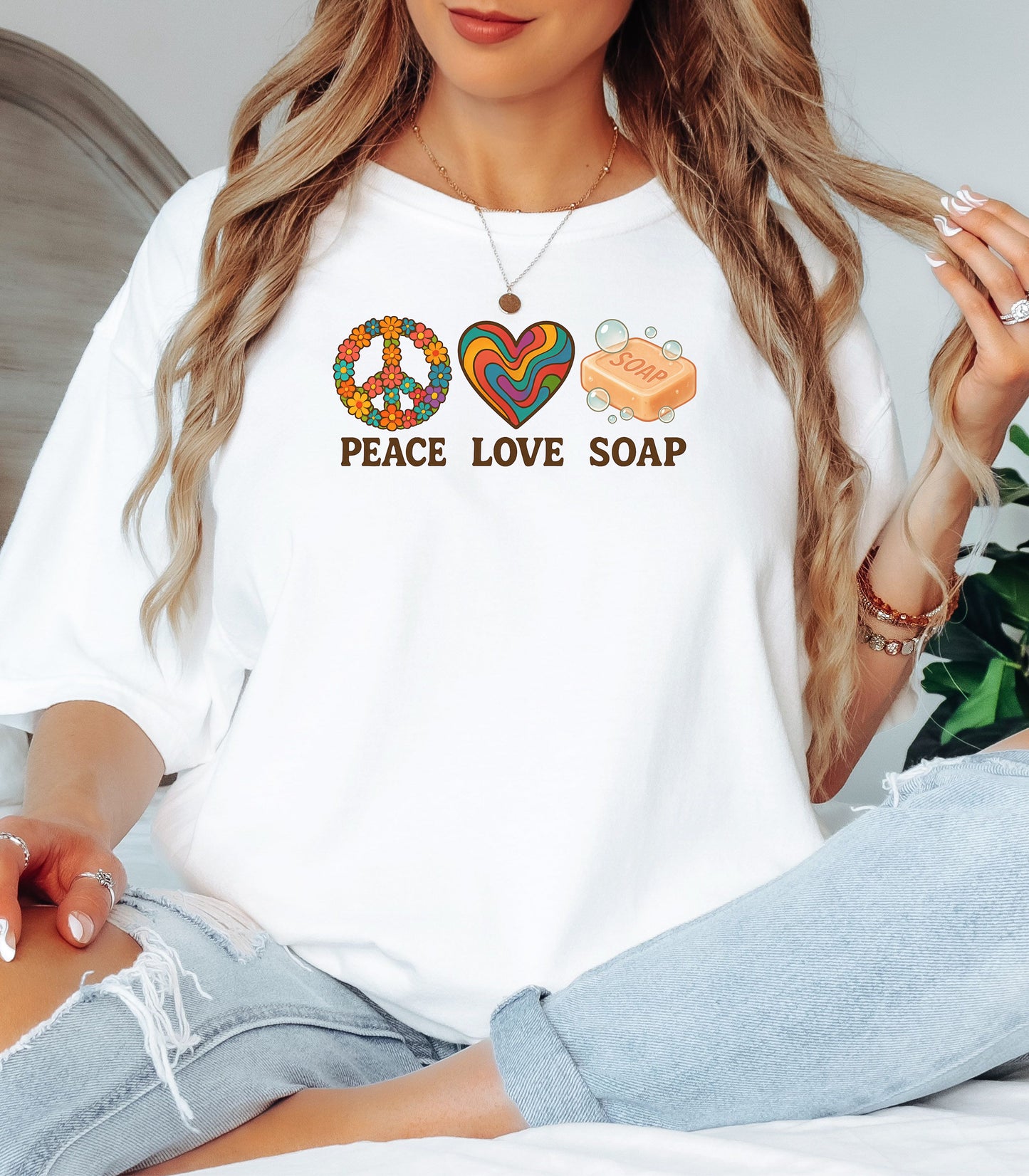 Peace Love Soap T-Shirt, Retro Hippie Design for Handmade Soap Makers