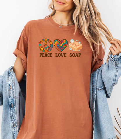 Peace Love Soap T-Shirt, Retro Hippie Design for Handmade Soap Makers