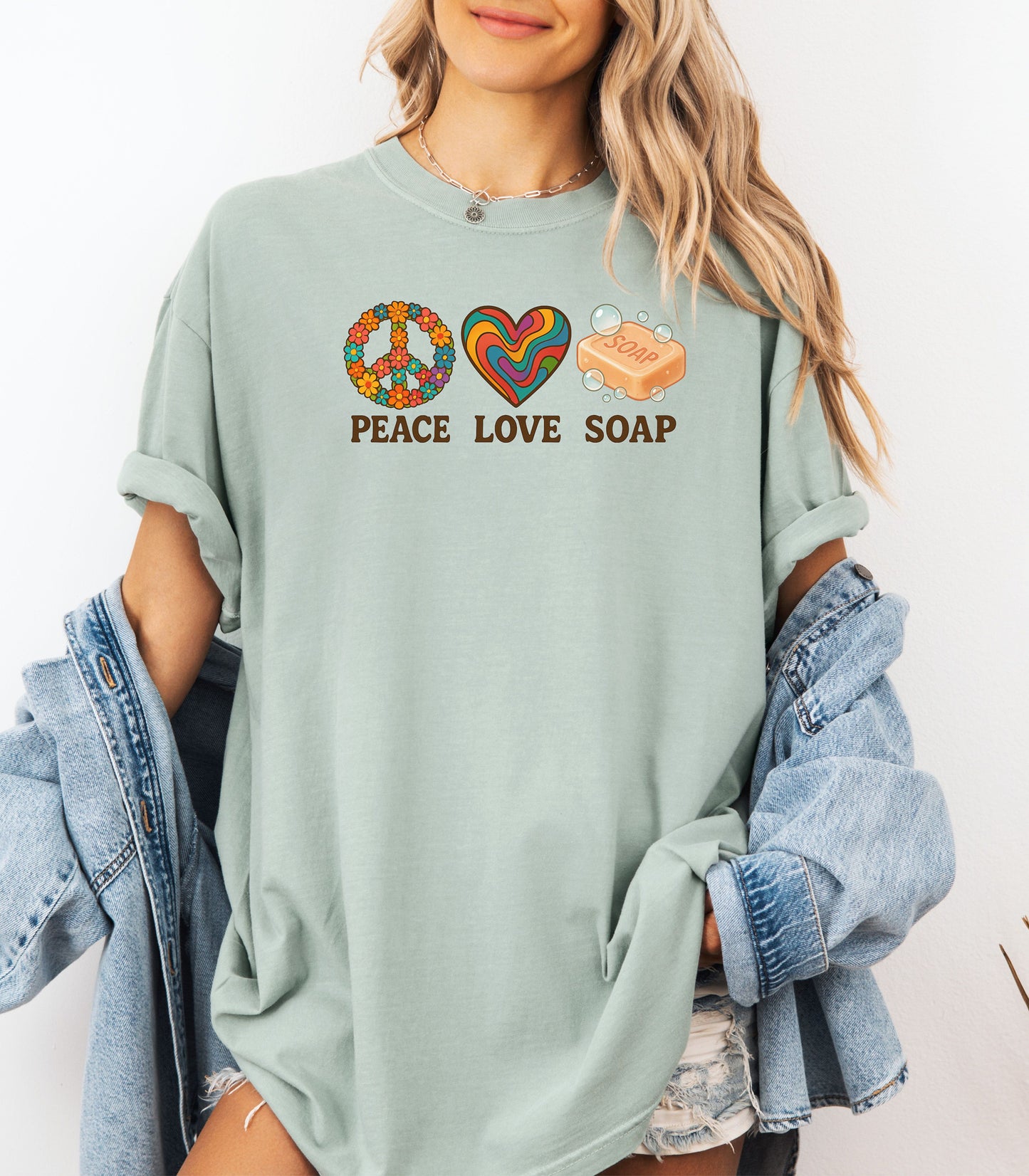 Peace Love Soap T-Shirt, Retro Hippie Design for Handmade Soap Makers