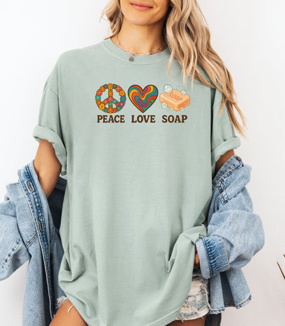 Peace Love Soap T-Shirt, Retro Hippie Design for Handmade Soap Makers