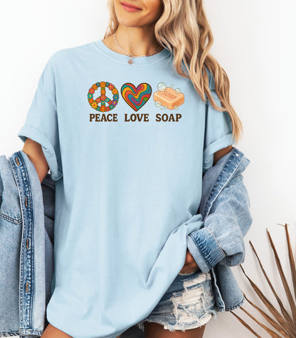 Peace Love Soap T-Shirt, Retro Hippie Design for Handmade Soap Makers