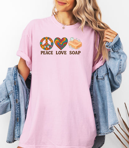 Peace Love Soap T-Shirt, Retro Hippie Design for Handmade Soap Makers