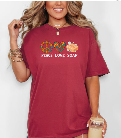 Peace Love Soap T-Shirt, Retro Hippie Design for Handmade Soap Makers