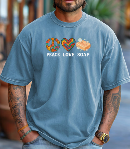 Peace Love Soap T-Shirt, Retro Hippie Design for Handmade Soap Makers
