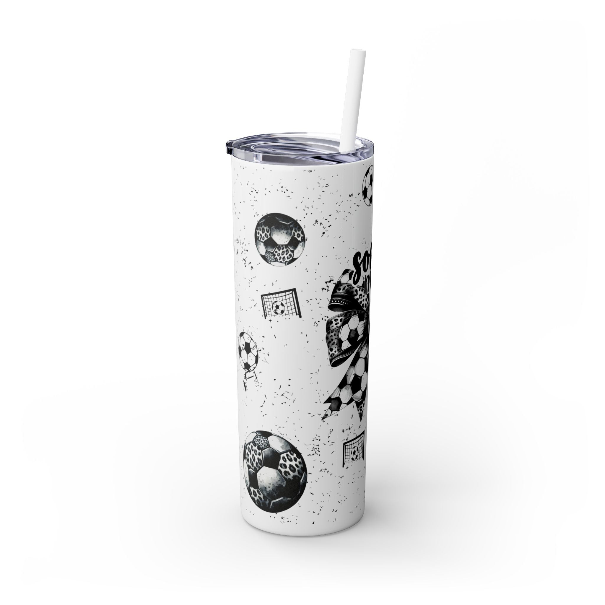 Soccer Mom Skinny Tumbler – 20 oz featuring a black-and-white coquette bow made of soccer balls with a leopard print accent. Surrounded by small soccer ball and goal illustrations on a speckled background, this stylish and durable tumbler is perfect for keeping drinks hot or cold. A fun and practical accessory for proud soccer moms to show their team spirit during practices, games, and everyday use.