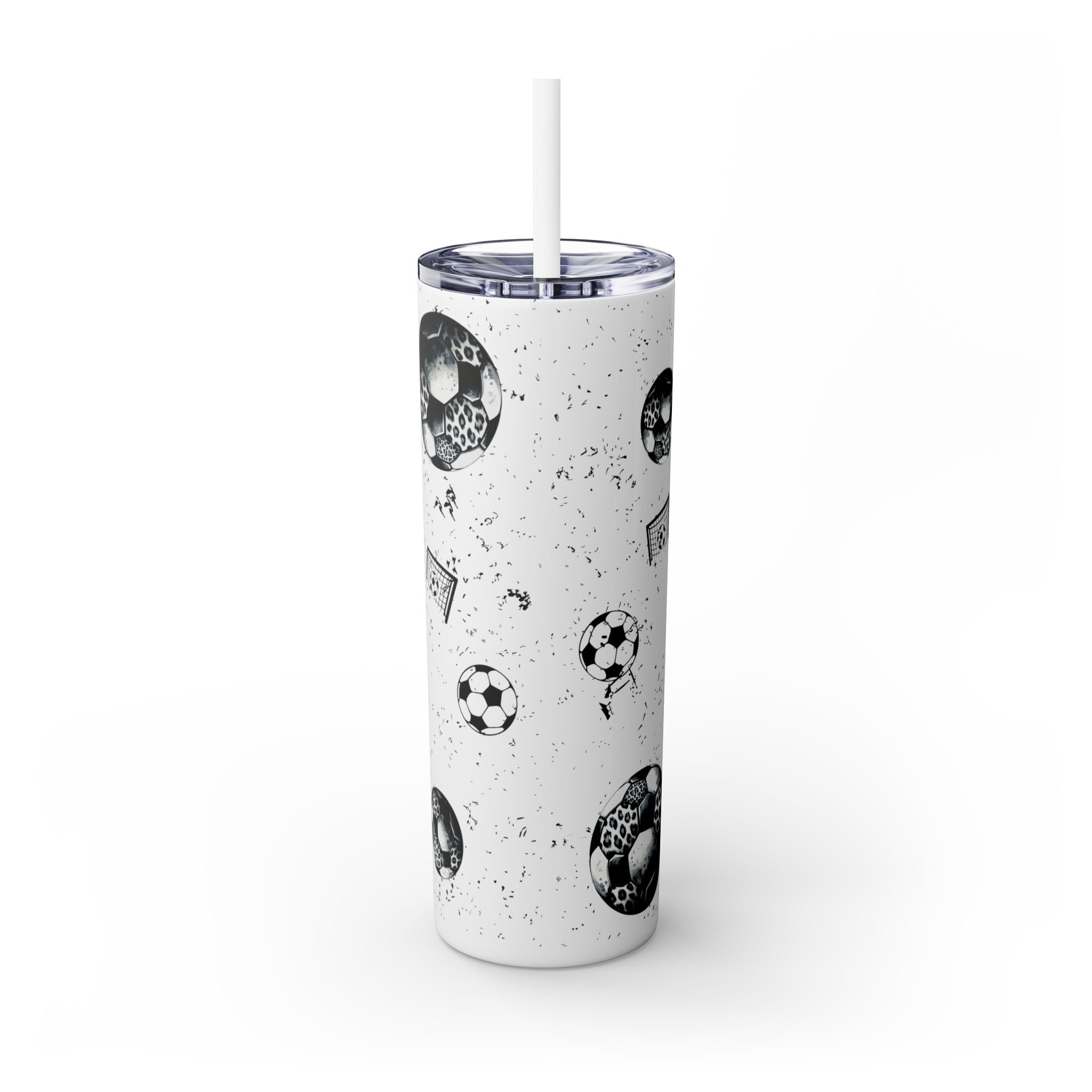Soccer Mom Skinny Tumbler – 20 oz featuring a black-and-white coquette bow made of soccer balls with a leopard print accent. Surrounded by small soccer ball and goal illustrations on a speckled background, this stylish and durable tumbler is perfect for keeping drinks hot or cold. A fun and practical accessory for proud soccer moms to show their team spirit during practices, games, and everyday use.