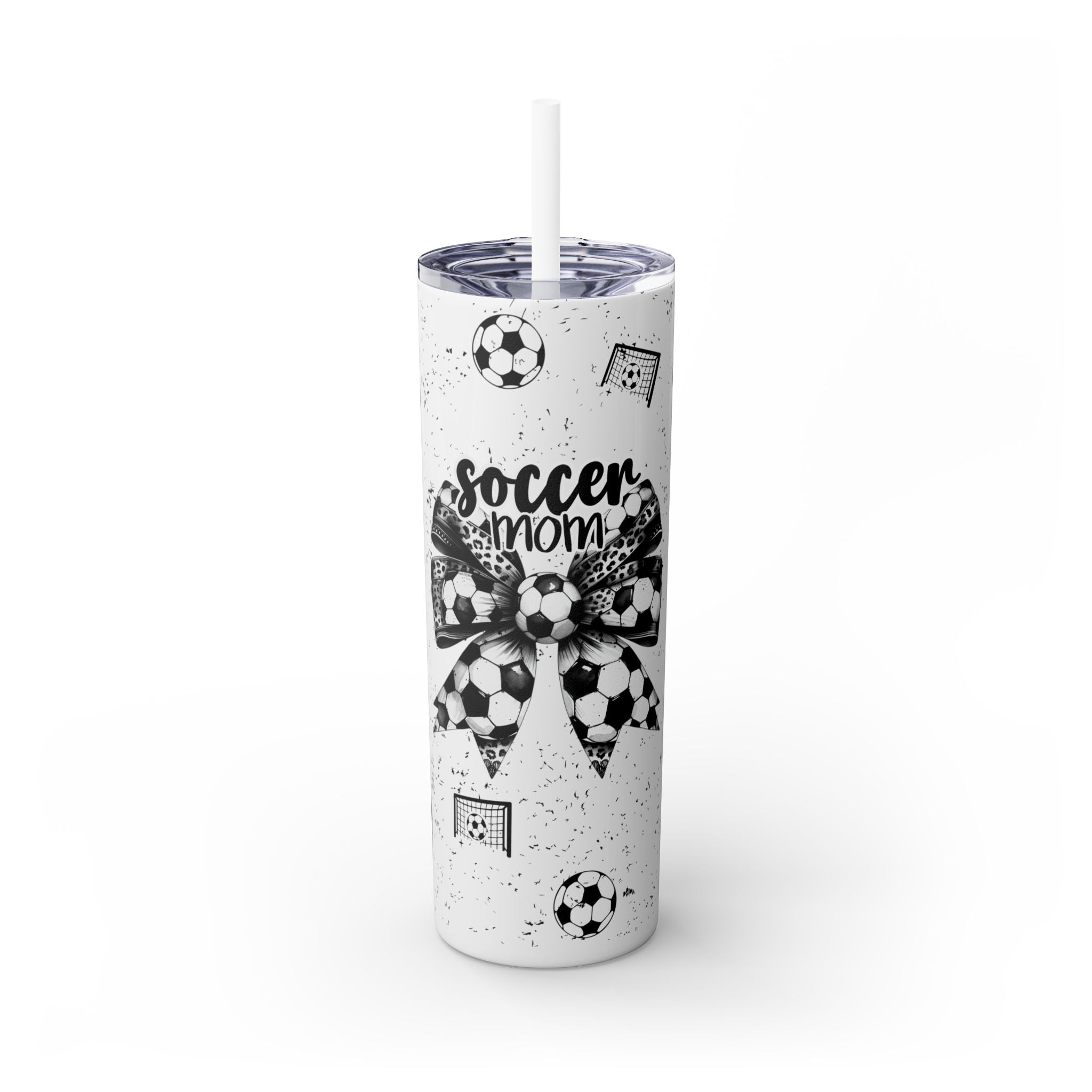Soccer Mom Skinny Tumbler – 20 oz featuring a black-and-white coquette bow made of soccer balls with a leopard print accent. Surrounded by small soccer ball and goal illustrations on a speckled background, this stylish and durable tumbler is perfect for keeping drinks hot or cold. A fun and practical accessory for proud soccer moms to show their team spirit during practices, games, and everyday use.