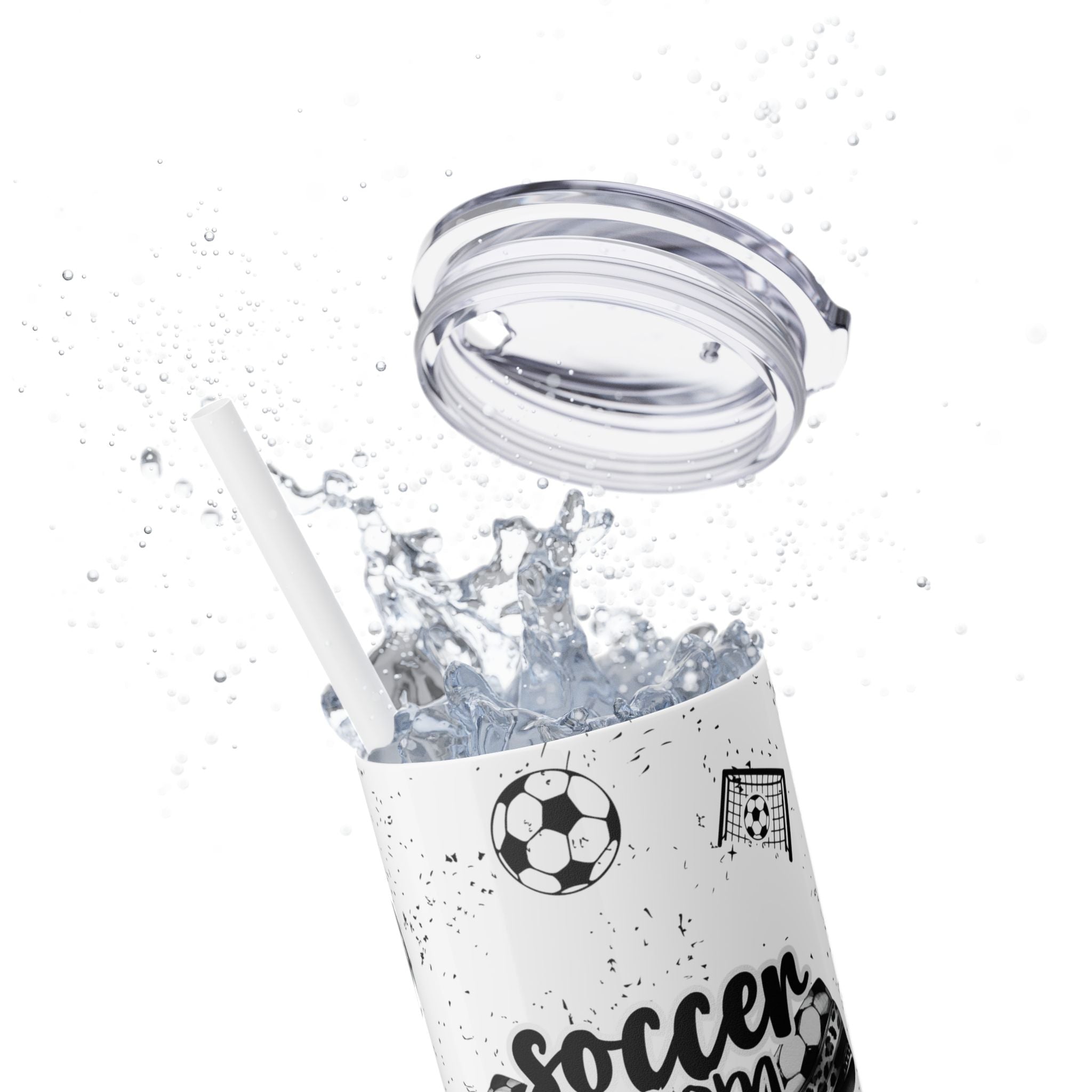 Soccer Mom Skinny Tumbler – 20 oz featuring a black-and-white coquette bow made of soccer balls with a leopard print accent. Surrounded by small soccer ball and goal illustrations on a speckled background, this stylish and durable tumbler is perfect for keeping drinks hot or cold. A fun and practical accessory for proud soccer moms to show their team spirit during practices, games, and everyday use.