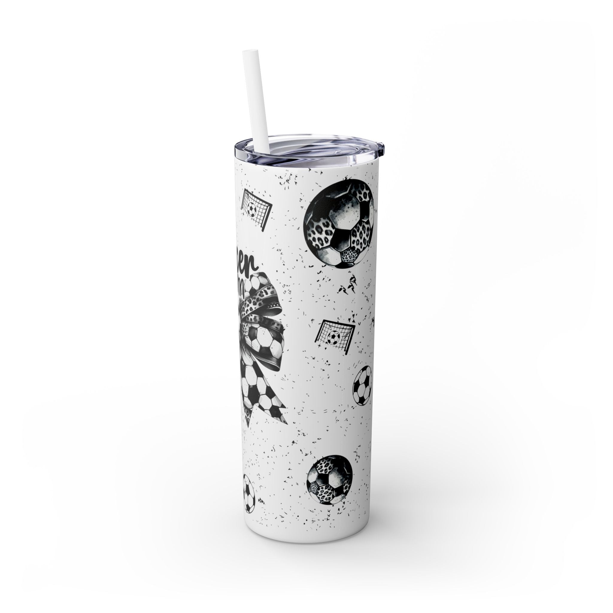 Soccer Mom Skinny Tumbler – 20 oz featuring a black-and-white coquette bow made of soccer balls with a leopard print accent. Surrounded by small soccer ball and goal illustrations on a speckled background, this stylish and durable tumbler is perfect for keeping drinks hot or cold. A fun and practical accessory for proud soccer moms to show their team spirit during practices, games, and everyday use.