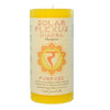 Solar Plexus Chakra pillar candle labeled "Manipura" with yellow wax and chakra symbol. Features the word “Purpose” and is ideal for meditation, chakra rebalancing, or relaxing in a sacred space. Infused with a lavender and rosemary essential oil blend, this Crystal Journey Candle supports personal power and self-confidence.