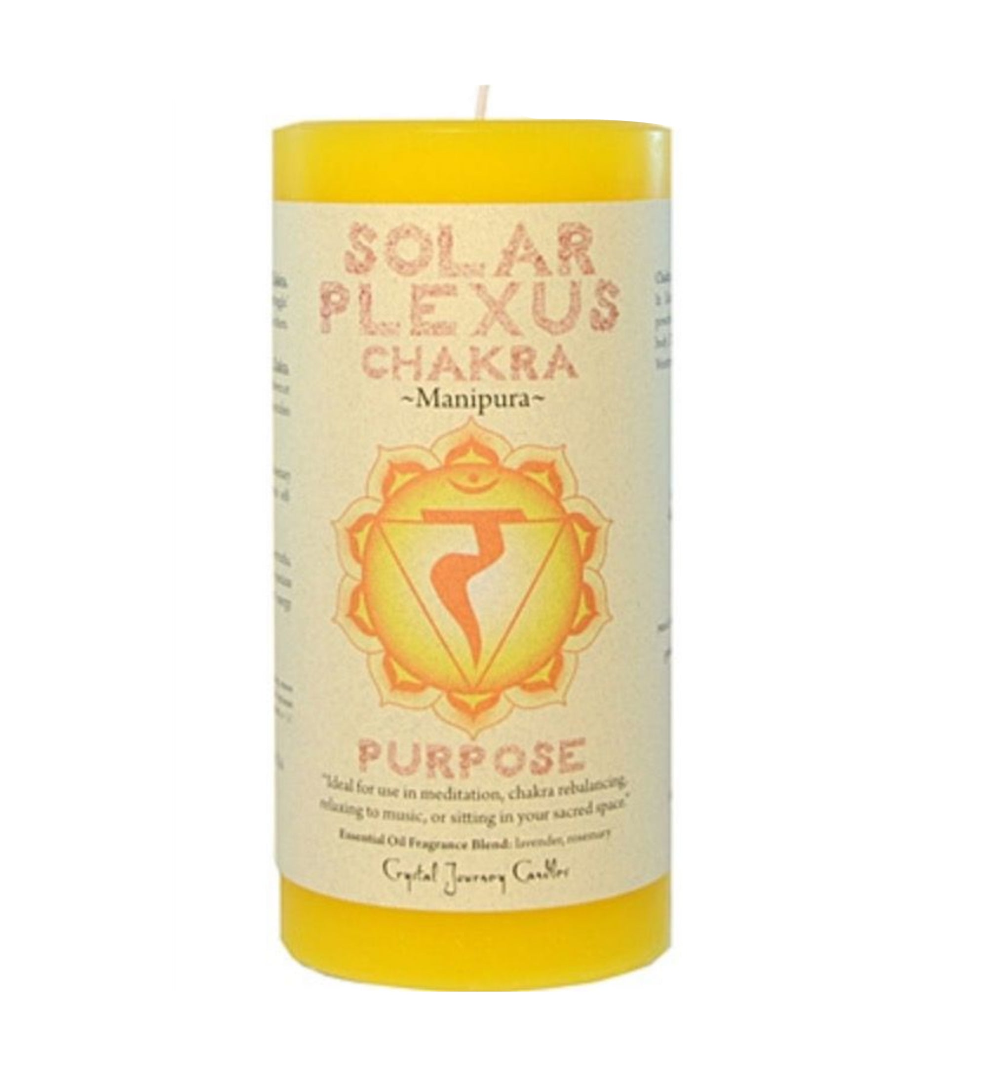 Solar Plexus Chakra pillar candle labeled "Manipura" with yellow wax and chakra symbol. Features the word “Purpose” and is ideal for meditation, chakra rebalancing, or relaxing in a sacred space. Infused with a lavender and rosemary essential oil blend, this Crystal Journey Candle supports personal power and self-confidence.
