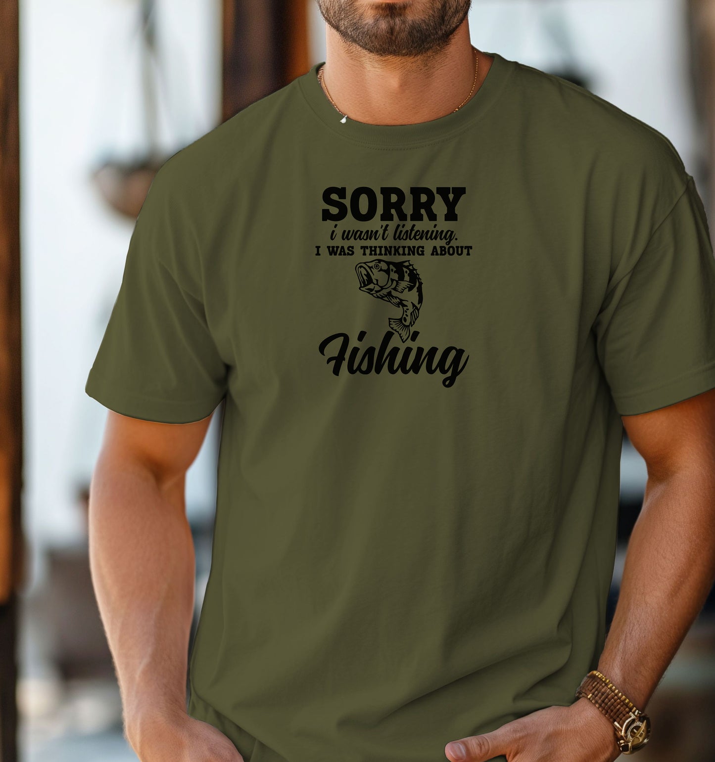 SORRY I wasn’t listening. I was thinking about Fishing' T-shirt featuring bold and script fonts with a detailed fish illustration. Printed on a hemp color unisex tee, this humorous design is perfect for fishing enthusiasts who’d rather be on the water than anywhere else. Ideal for casual wear, fishing trips, or as a fun gift for anglers and dads who love the sport.