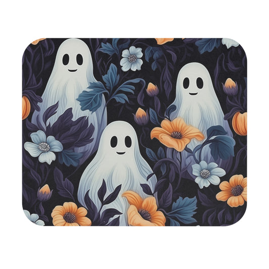 Decorative mouse pad with spooky cute ghosts and flowers on a dark background