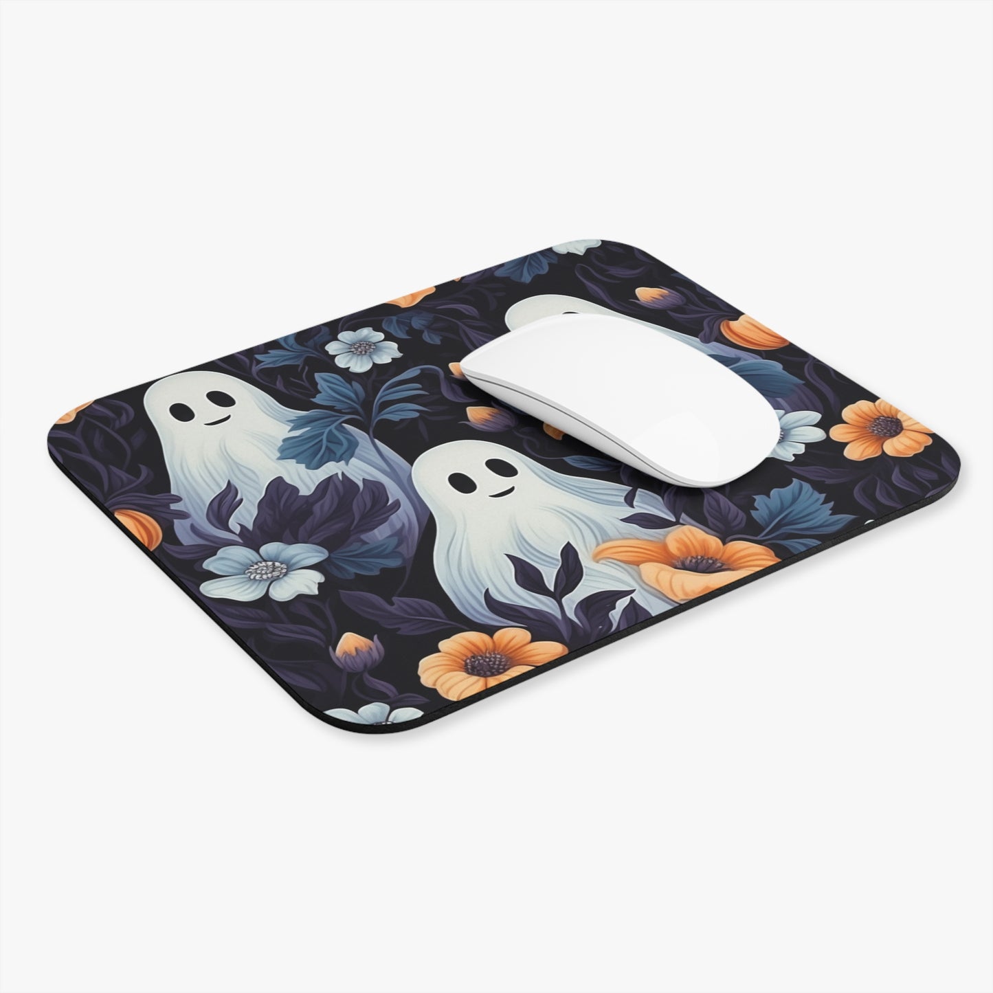 Mouse pad with cute ghosts and floral design on a white background