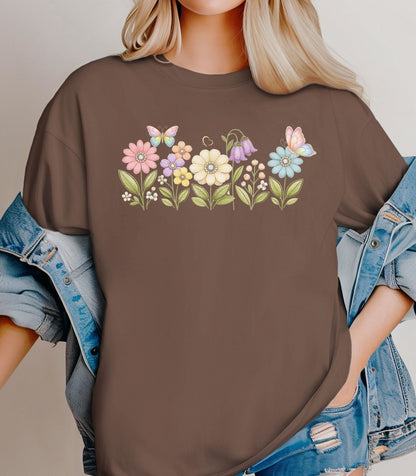 Spring Flowers and Butterflies Shirt, Pastel Floral Nature Garden T-Shirt