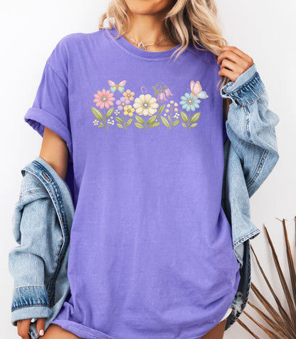 Spring Flowers and Butterflies Shirt, Pastel Floral Nature Garden T-Shirt