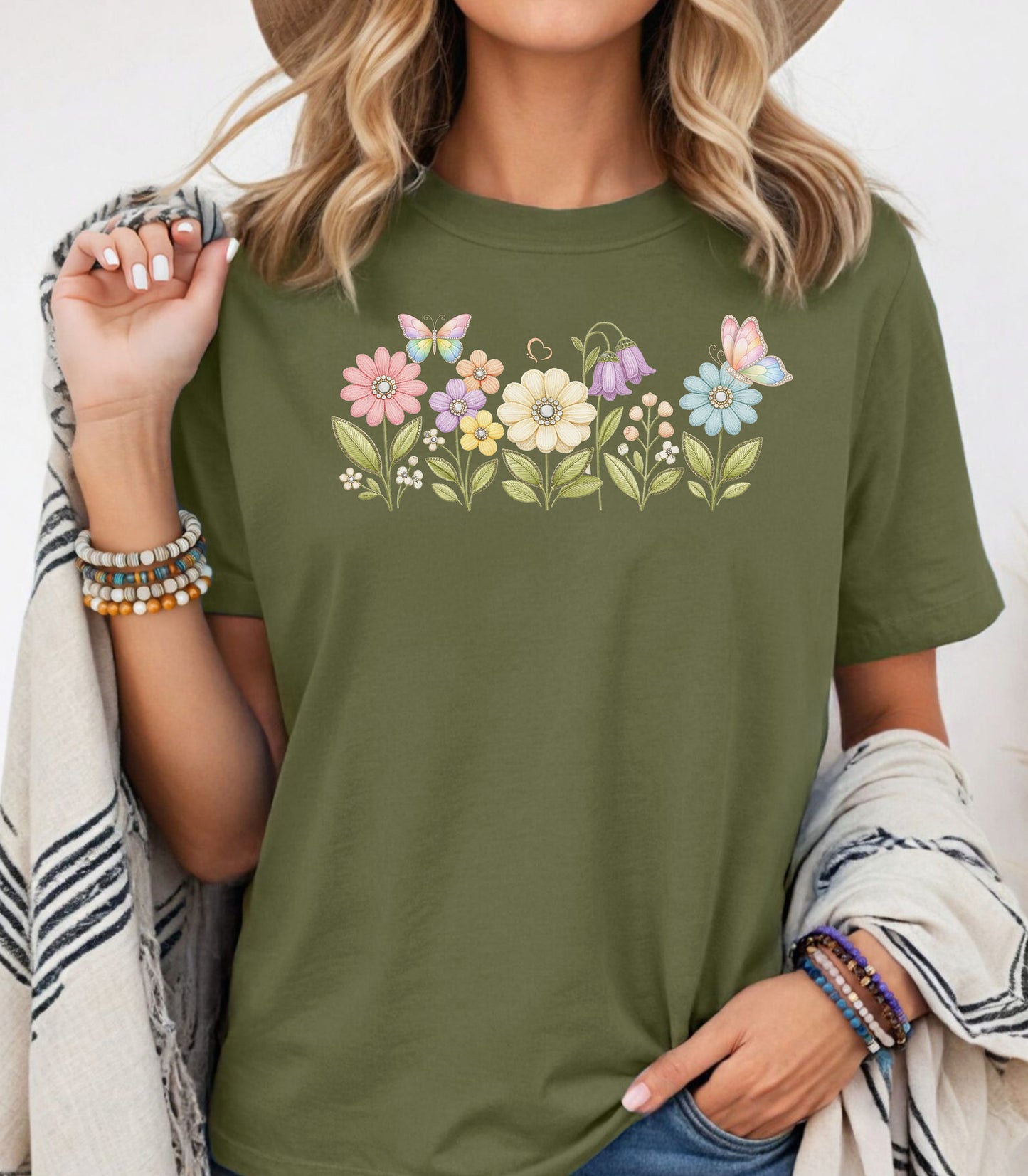 Spring Flowers and Butterflies Shirt, Pastel Floral Nature Garden T-Shirt