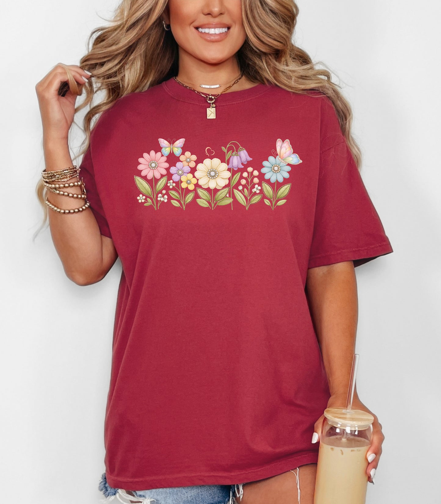 Spring Flowers and Butterflies Shirt, Pastel Floral Nature Garden T-Shirt