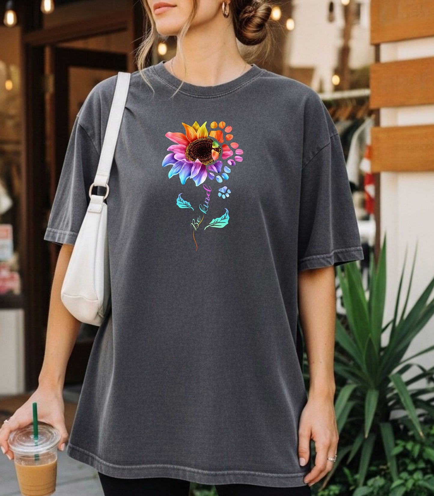 Be Kind Sunflower Paw Print Shirt, Colorful Floral Animal Lover T-Shirt