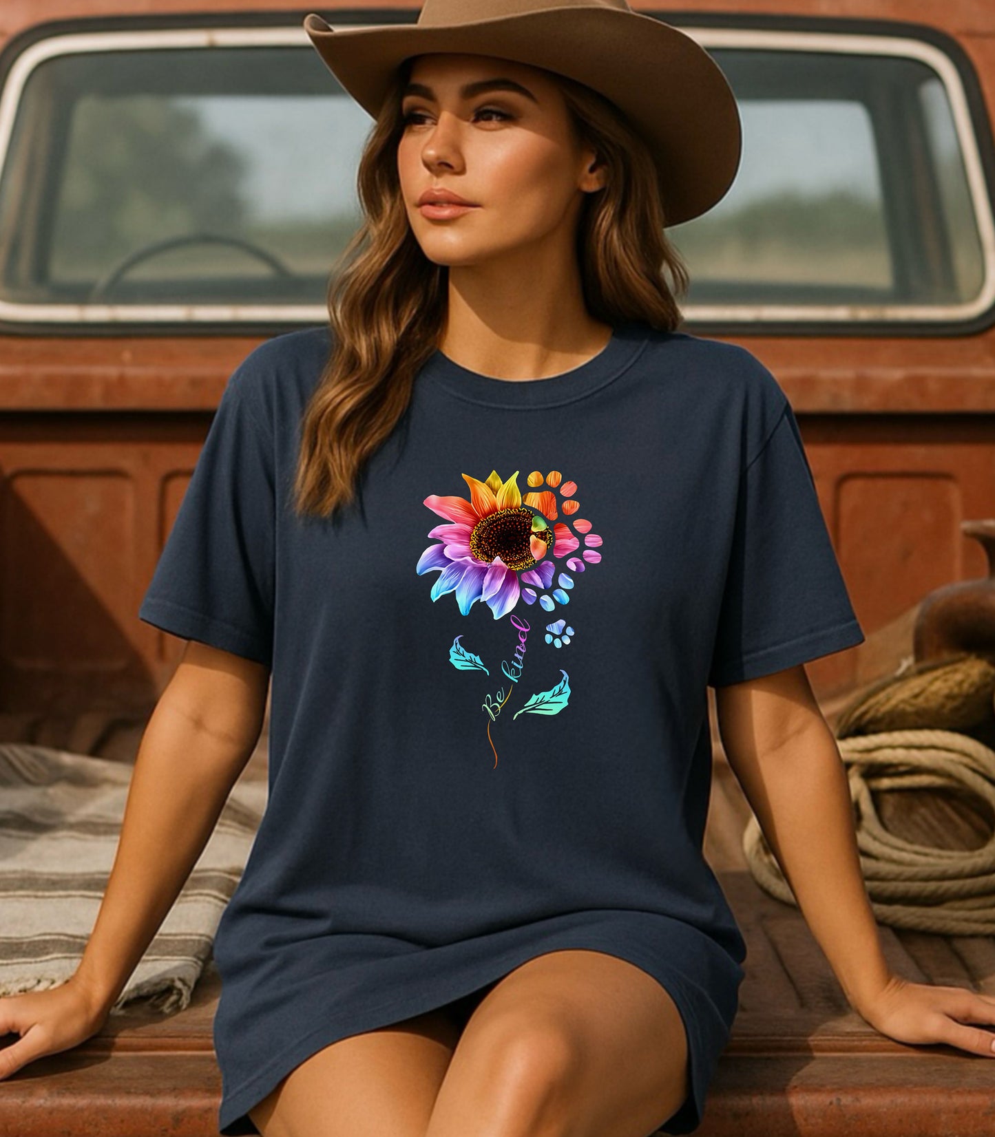 Be Kind Sunflower Paw Print Shirt, Colorful Floral Animal Lover T-Shirt